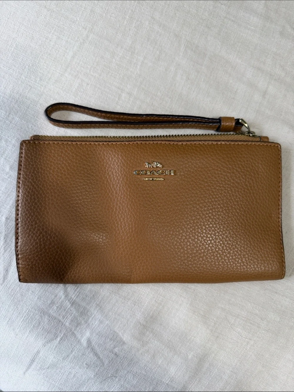 Coach Brown Pebbled Leather Wristlet with Gold Logo